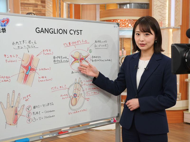 ガングリオンてご存知ですか。関節や腱鞘の近くにできる良性の腫瘤（しこり）で、ゼリー状の液体が詰まった袋状のものが皮膚の下にぷっくりと膨らんで見えるものです。多くは手の甲側にできますが、手のひらや手首関節周辺、足や足首にもできることがあります。