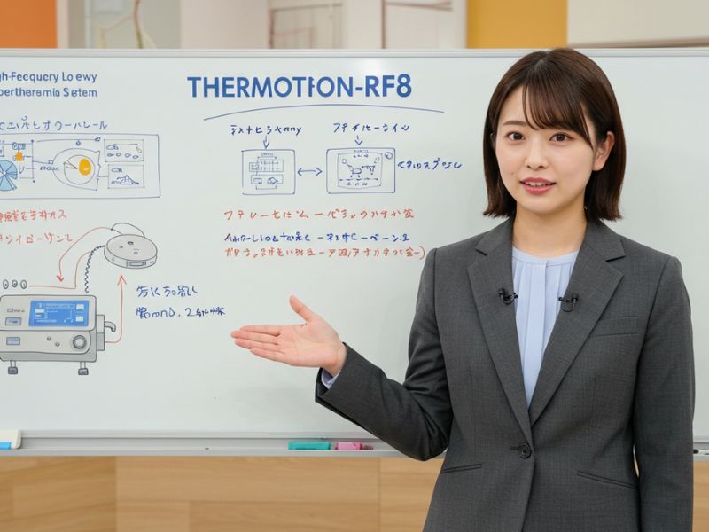 高周波式ハイパーサーミアシステム「サーモトロン-RF8」が書かれたホワイトボードをバックに説明する日本人女性キャスター