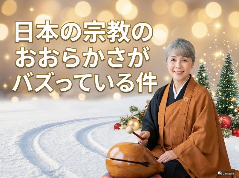 仏教（真言宗）の住職が錫杖（真言宗の厄除け道具）と木魚で「ジングル・ベル」を「演奏」し日本独特の宗教融和をユーモラスに描く