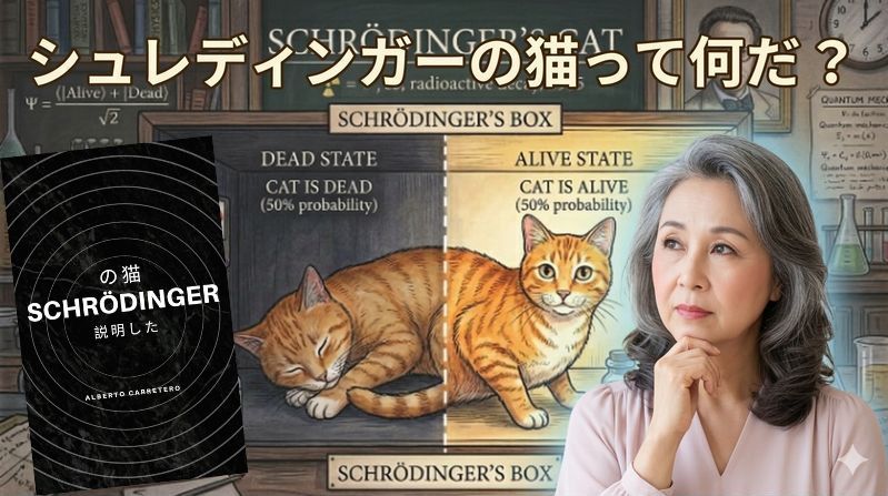 1935年に、物理学者エルヴィン・シュレディンガーが提唱した、量子力学の奇妙な性質を象徴する「シュレディンガーの猫」という思考実験を解説した書籍をご紹介します。猫が生きている状態と死んでいる状態が重なり合うという、量子重ね合わせの概念を軸にした量子力学の解説です。