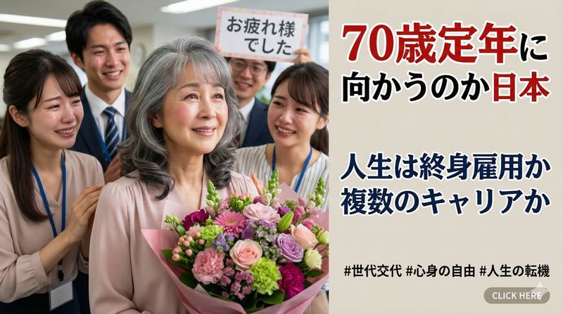 70歳定年制に向かっている日本。でも世代交代のためにも定年は早いほうがいい。頑張りたい人は組織に帰属する自力で頑張れば良い。