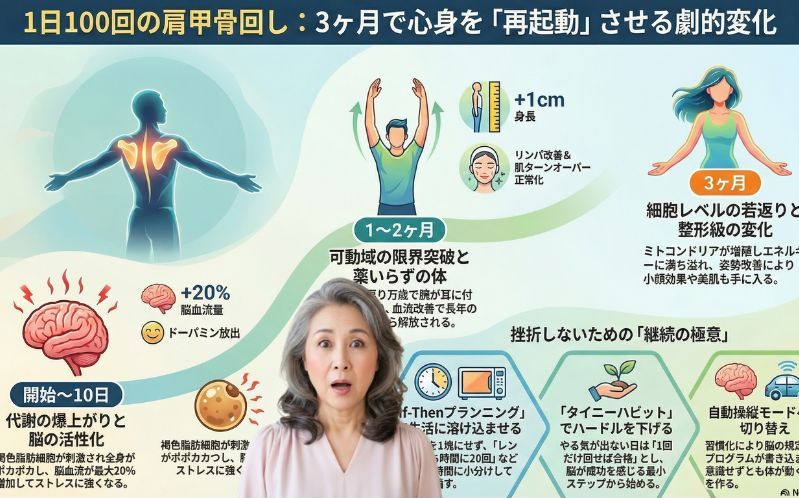 肩甲骨回しを1日100回続けると、実は○○になります、という動画が興味深かったので、GeminiとNotebookLMにその内容と真偽を確認