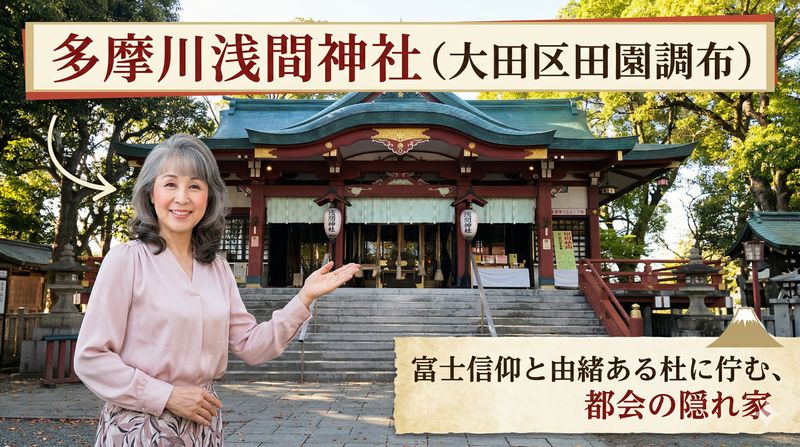 多摩川浅間神社（大田区田園調布）は、日本でも有数の高級住宅地である田園調布の氏神様です。コノハナサクヤヒメを御祭神に富士山を神格化