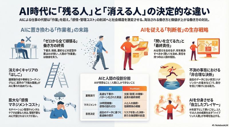 AIに仕事を奪われるとよく言われますが、実際にはAIに精通した人に仕事が流れていく、つまりAI使いが仕事を奪った人ともいえます。