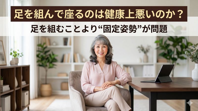 椅子に座っているときに足を組むことについて、腰痛や関節炎、静脈瘤の原因になるという説もありますが、過度に心配する必要はない