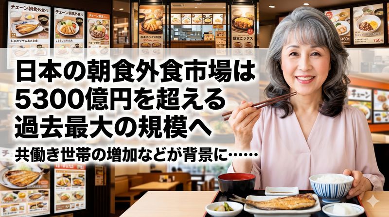 日本の朝食外食市場は、共働き世帯の増加などを背景に5300億円を超える過去最大の規模へと成長しているそうです。