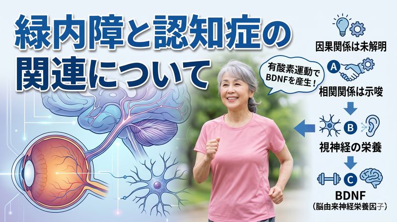 緑内障と認知症は相関関係が示唆され、BDNF（脳由来神経栄養因子）によって対策できる。速歩（やや速め）30分を週4回がお勧め