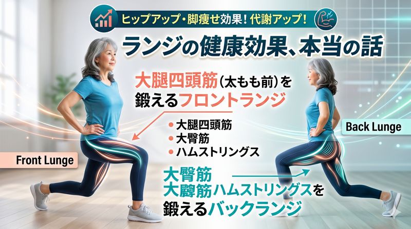 ランジ（Lunge）は片足を前後に開いた状態で腰を落とす下半身を鍛える最強の自重筋トレ。ヒップアップ・脚痩せ効果・代謝アップ等期待