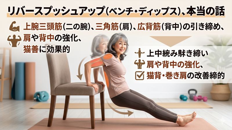 ジムに行かなくても気軽に自宅でできる筋トレとして最近注目のリバースプッシュアップ(ベンチ・ディップス)トレーニング