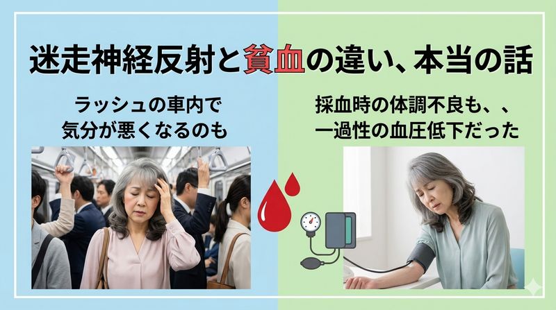 血管迷走神経反射と貧血は、「立ちくらみ」「めまい」など症状が混同されがちですが、原因やメカニズムが全く異なる別の状態です。