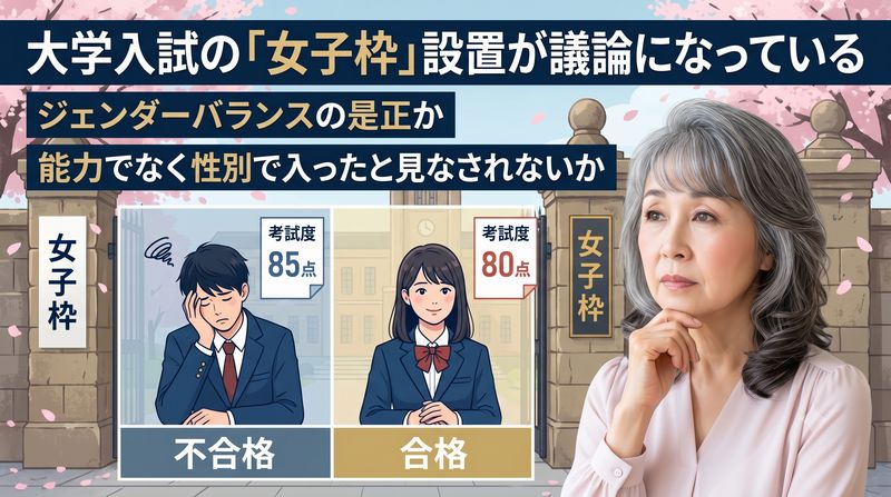 大学入試の「女子枠」が問題になっています。総合型選抜や学校推薦型選抜において、女子学生のみを対象に出願・合格枠を設ける制度です