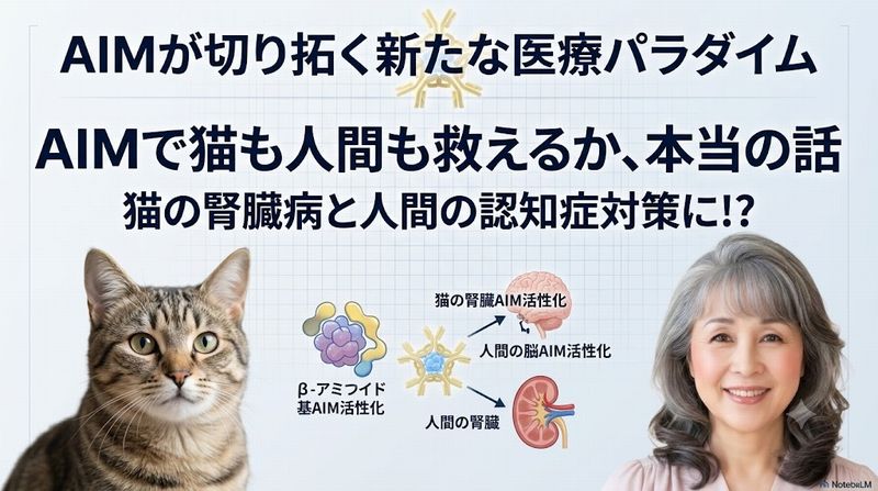 血液中のタンパク質AIM(Apoptosis Inhibitor of Macrophage)が、猫の腎臓病や人間のアルツハイマーに有効であるという報告