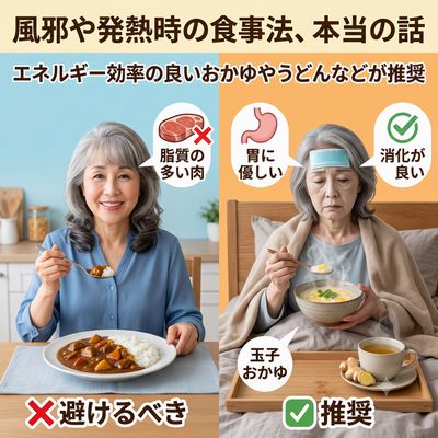 風邪や発熱時はエネルギーを必要とする一方で消化機能が著しく低下するため、エネルギー効率の良いおかゆやうどんなどを選ぶことを推奨