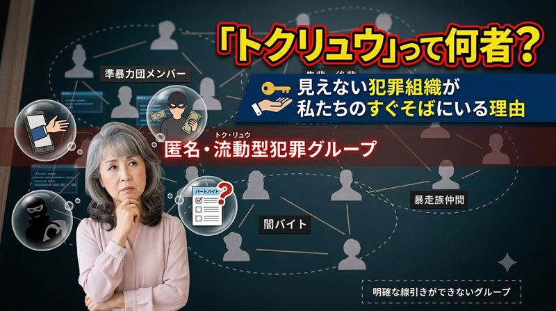 「トクリュウ」とは「匿名・流動型犯罪グループ」の略称。従来の暴力団のような固定化された上下関係を持たない犯罪集団です。