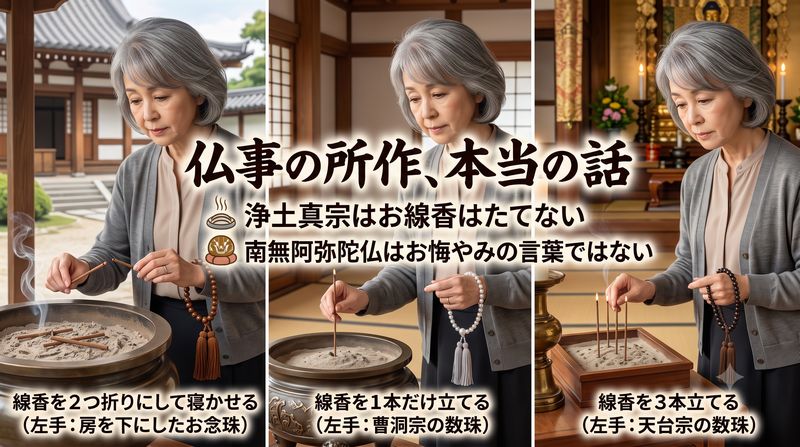 お盆や葬儀、法事などの際、お経を聞きながら数珠を持って拝んだり、焼香したり線香を上げたりといった参加者の所作があります。