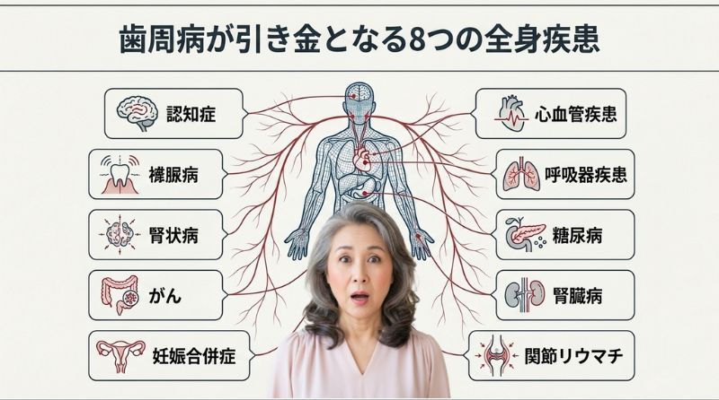 歯の磨き残しによる歯垢や固まった歯石の蓄積による口の中の細菌で、歯ぐきに炎症が起き歯を支える骨が溶けてしまう歯周病。