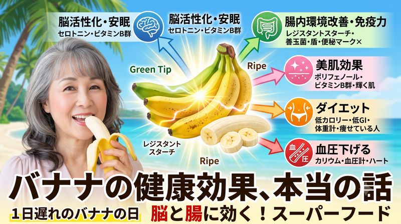 バナナは食物繊維やレジスタントスターチを含み腸内環境を整えることで免疫力の向上や抗炎症作用、美肌やダイエットを支援するといわれています。