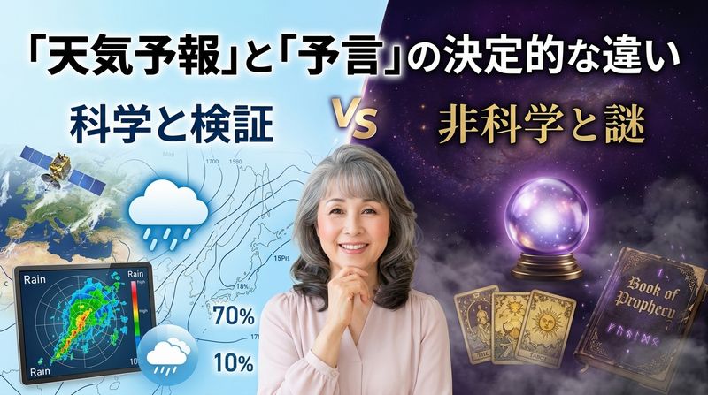 「天気予報」と「予言」という、どこか似ているようでまったく違う二つの言葉について、ゆっくり考えてみたいと思います。