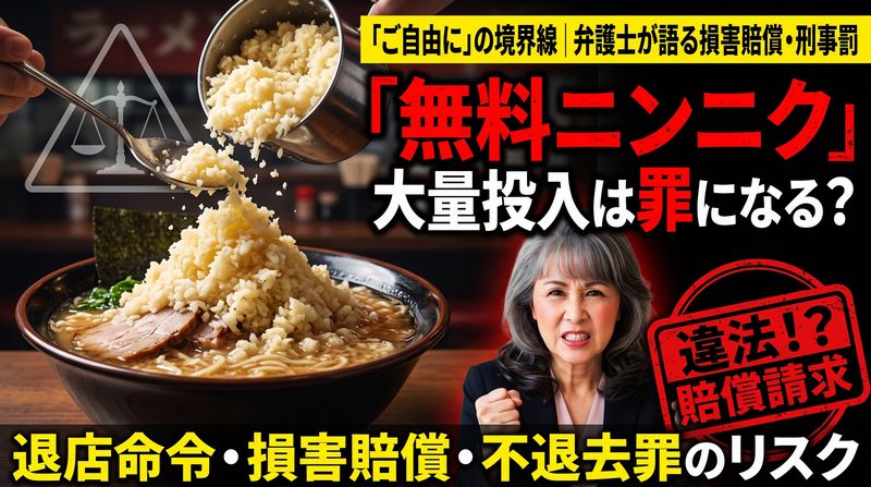「無料」の罠?ラーメン店でニンニクをドカ食いしたら退店・賠償請求される驚きの理由。民事だけではなく刑事の責任を問われることも